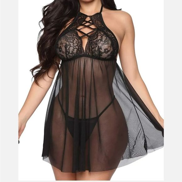 Sexy Lingerie Set Babydoll Lace Floral Halter Sleepwear Set High Neck Chemise US